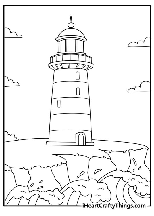 Coastal cliffs with lighthouse and waves coloring sheet pdf download