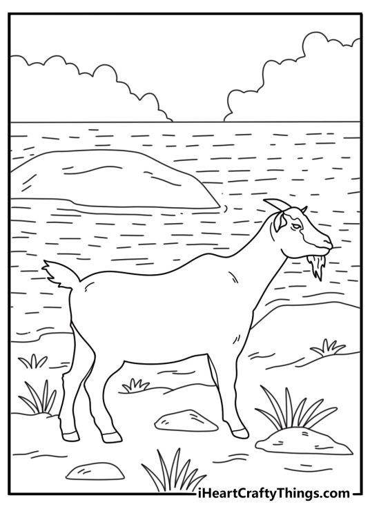 Coastal goat browsing shrubs on windy bluff scenic coloring page