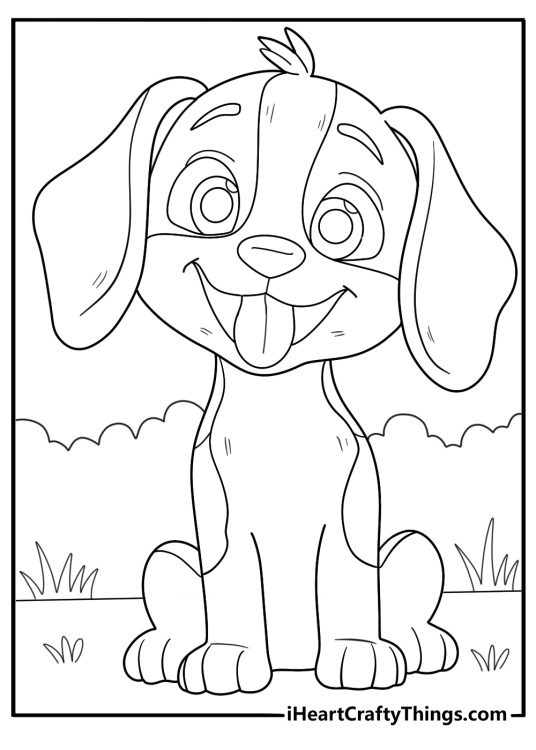 Coloring drawing of a cartoony puppy with big perked up ears and eyes open wide with excitement