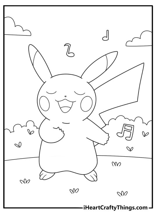 Coloring drawing presenting Pokemon Pikachu singing happily with bushes behind him