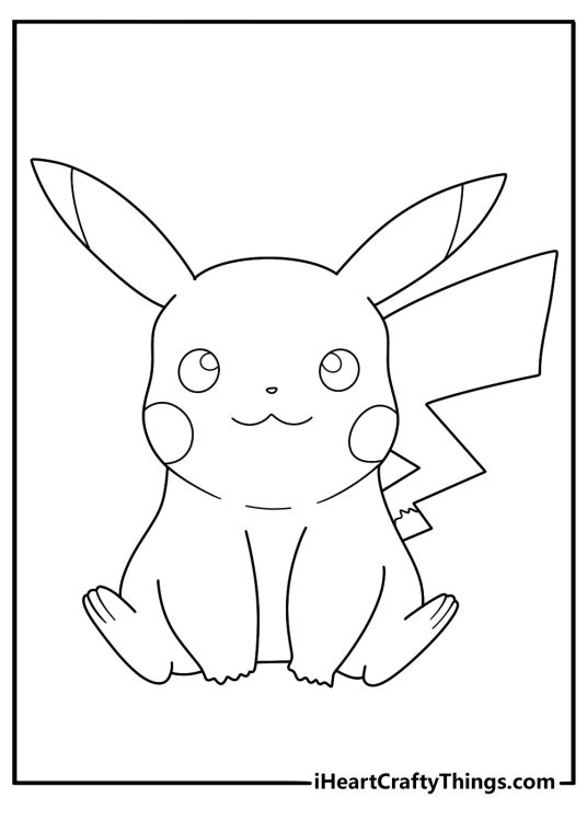 Coloring image featuring Pikachu sitting calmly with a cute smile on his face and clear background behind him