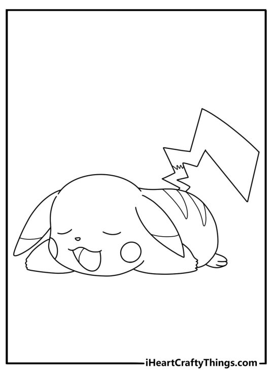 Coloring image featuring lazy Pikachu laying on his stomach on the ground with clear background