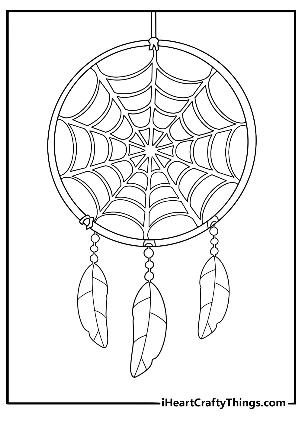 Coloring image for adults of a round dream catcher with a woven spider web and two feathers