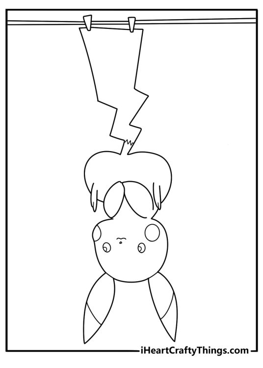Coloring image for children depicting little Pikachu hanging upside down by his tail