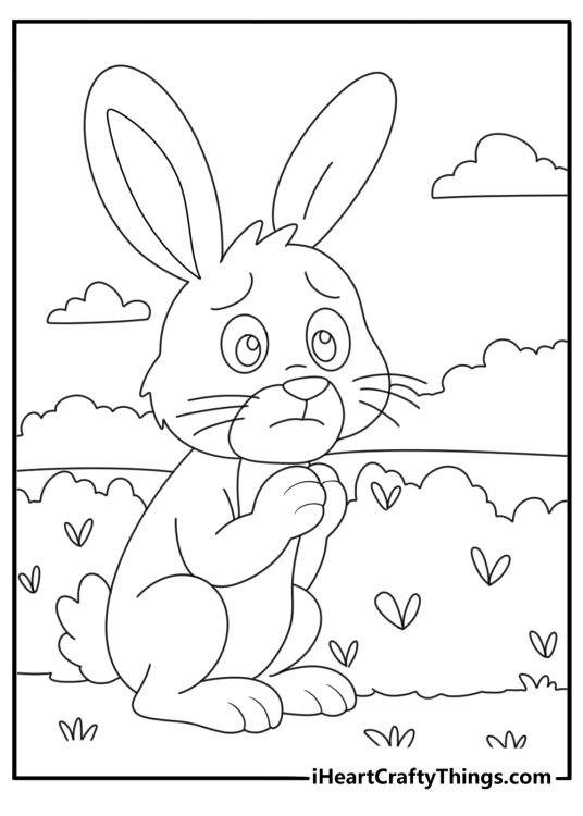 Coloring image for kids featuring rabbit looking a little startled as has fallen in the bushes