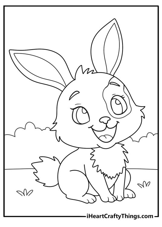 Coloring image of a happy and adorable baby rabbit with huge ears and round black eyes