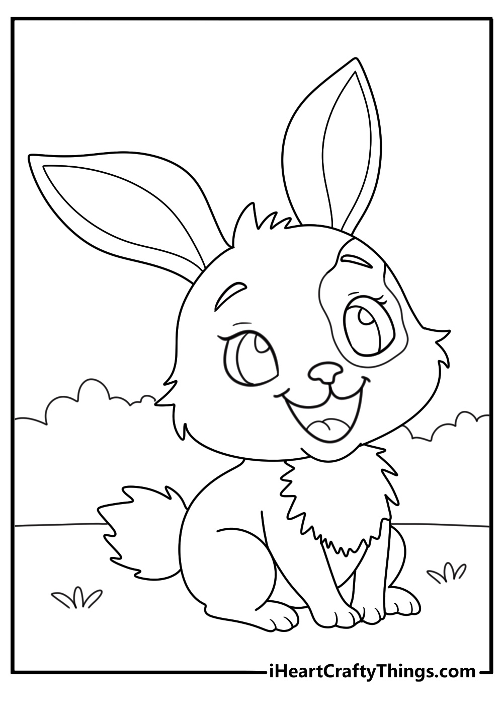 Coloring image of a happy and adorable baby rabbit with huge ears and round black eyes
