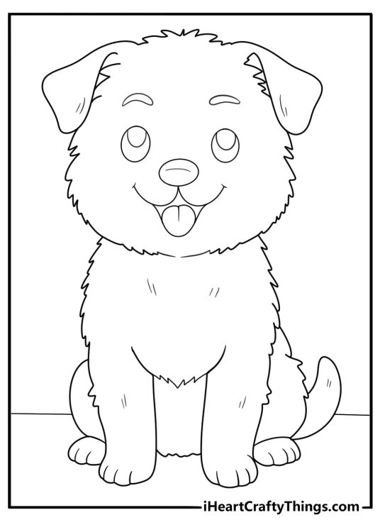 Coloring page depicting little furry puppy sitting with eyebrows raised in surprise