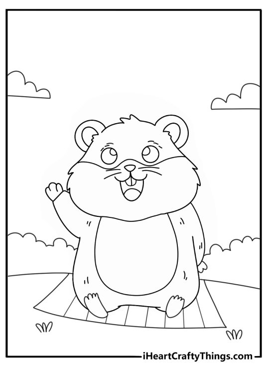 Coloring page for children featuring cute fluffy hamster waving to us with his left hand