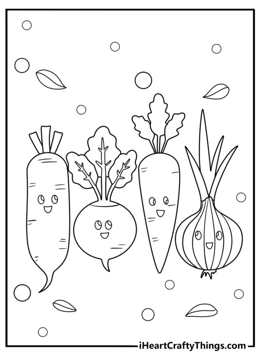 Coloring page for children featuring various healthy vegetables with cartoony smiling faces