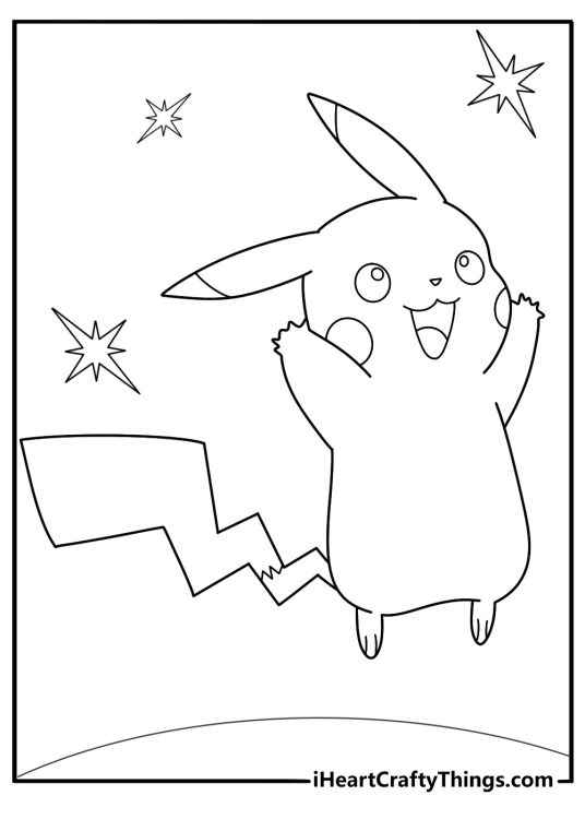 Coloring page for kids featuring Pikachu exclaiming something while looking very happy and excited