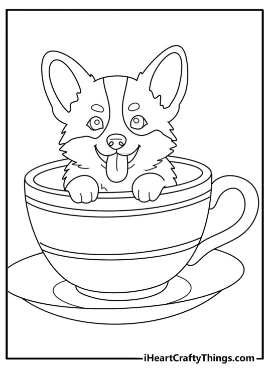 Coloring page for kids featuring an adorable Corgi in a cup with a tongue sticking out