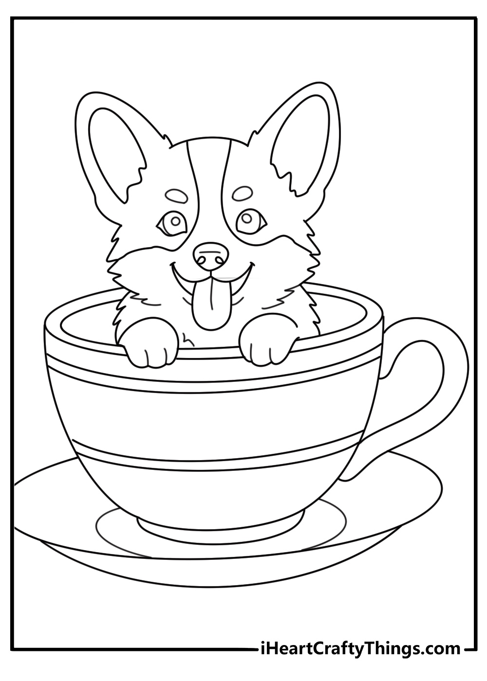 Coloring page for kids featuring an adorable Corgi in a cup with a tongue sticking out