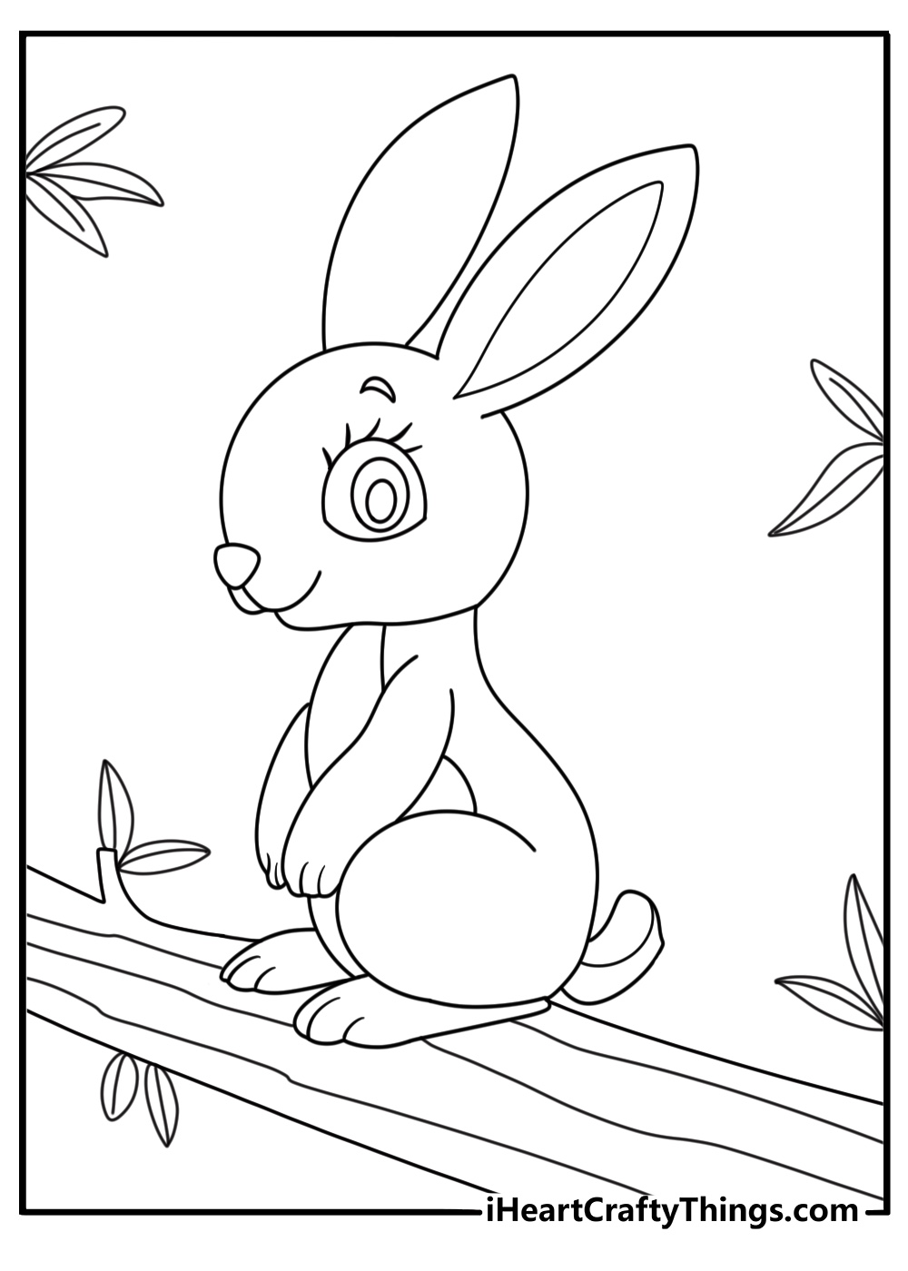 Coloring page for kids of a cute rabbit with long ears sniffing at the branches of a tree