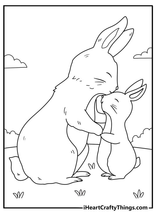Coloring page for pre schoolers depicting mother rabbit giving her baby a tiny kiss on the nose