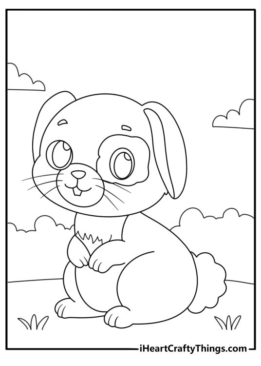 Coloring page for pre schoolers featuring cute smiling rabbit with floppy ears and black round eyes
