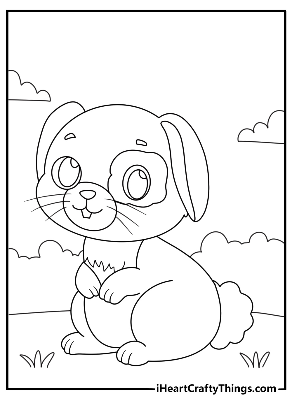 Coloring page for pre schoolers featuring cute smiling rabbit with floppy ears and black round eyes