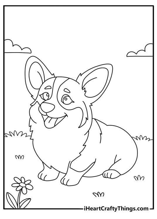 Coloring page of a friendly looking Corgi sitting in the park and enjoying a nice day outdoors