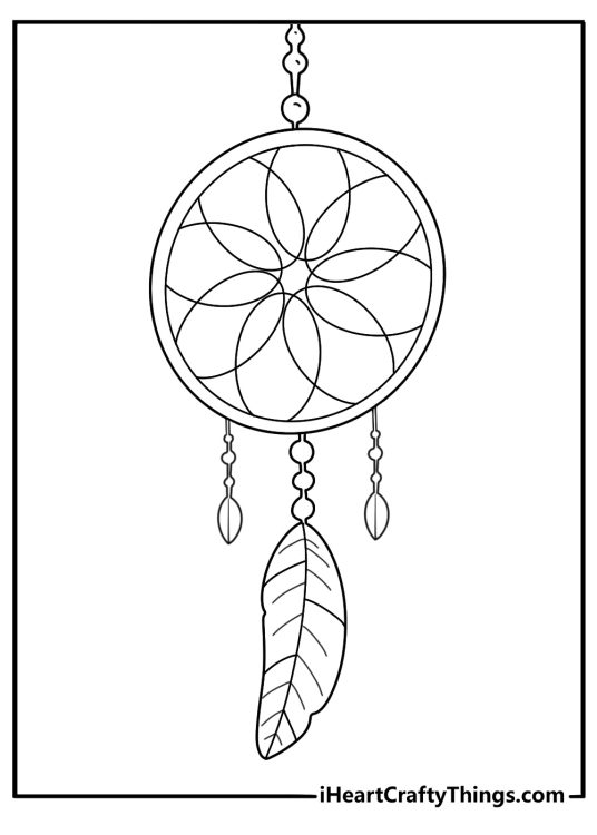 Coloring page presenting round dream catcher with some beads and a single feather hanging down