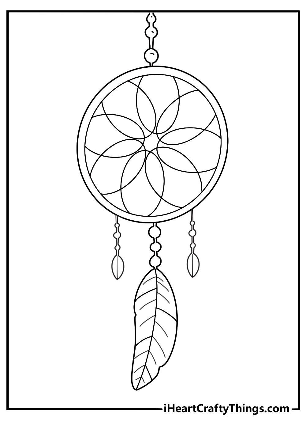 Coloring page presenting round dream catcher with some beads and a single feather hanging down