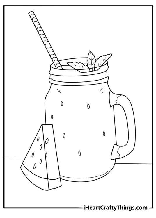 Coloring pages of watermelon with a mason jar of fresh juice and ice cubes