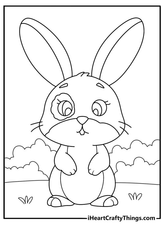 Coloring pdf featuring rabbit with a little patch over one of his eyes and some greenery in the background