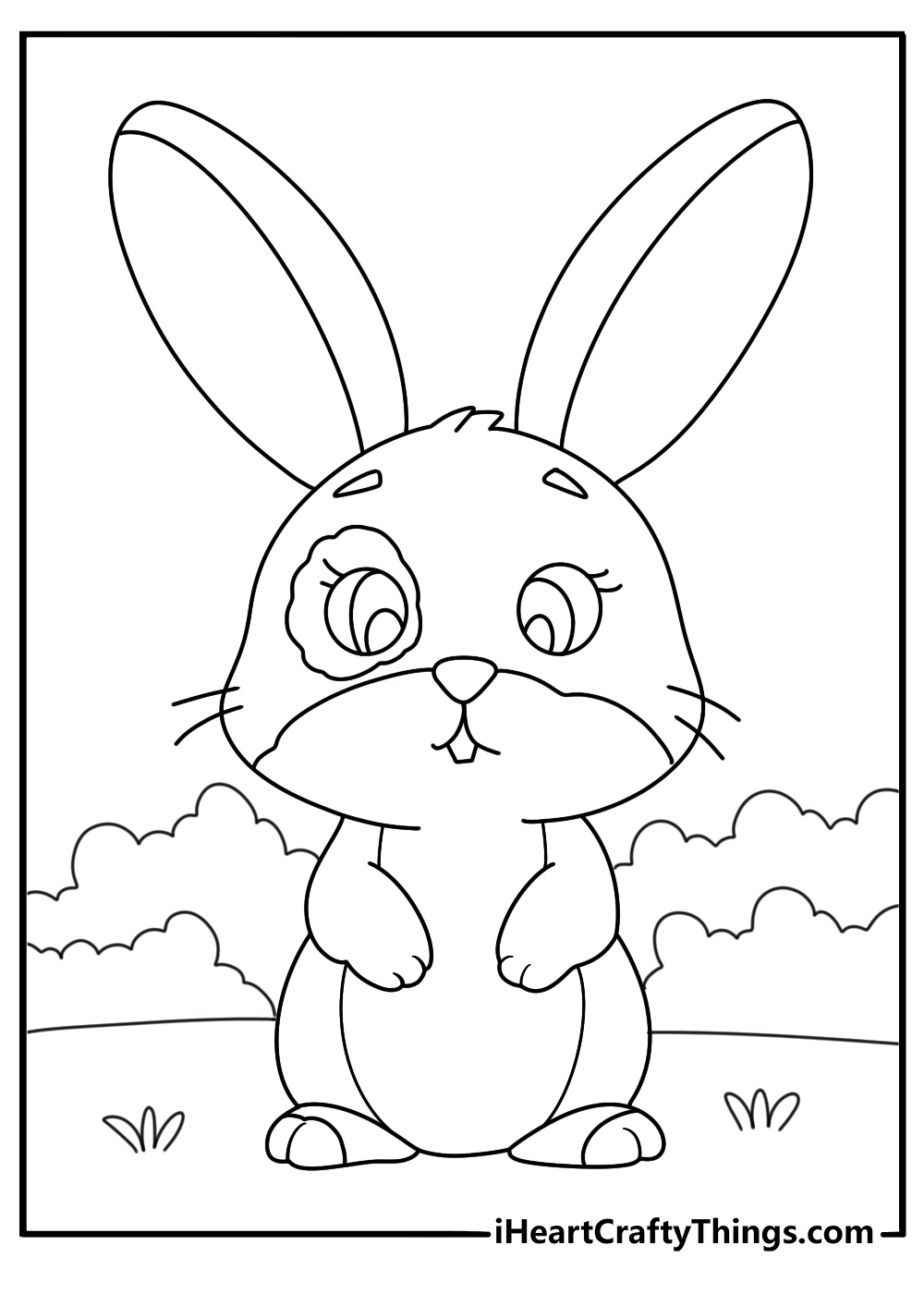 Coloring pdf featuring rabbit with a little patch over one of his eyes and some greenery in the background