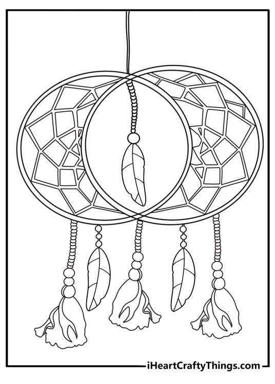 Coloring pdf of a dream catcher made of two circles with beads on strings and feathers hanging down