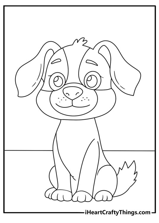 Coloring picture for children featuring puppy with expressive eyes in a sitting position