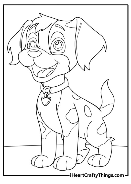 Coloring picture for children presenting cheerful puppy with some patches on the body and on left ear