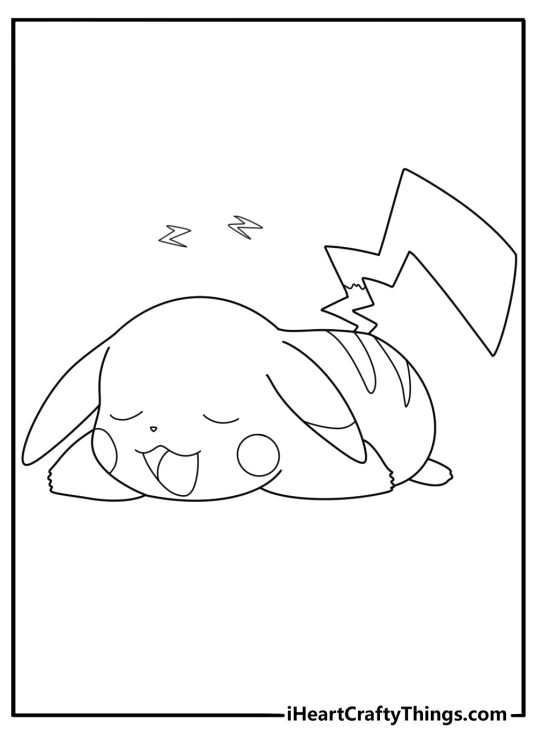 Coloring picture for kids featuring Pikachu having a nap with clear background behind him
