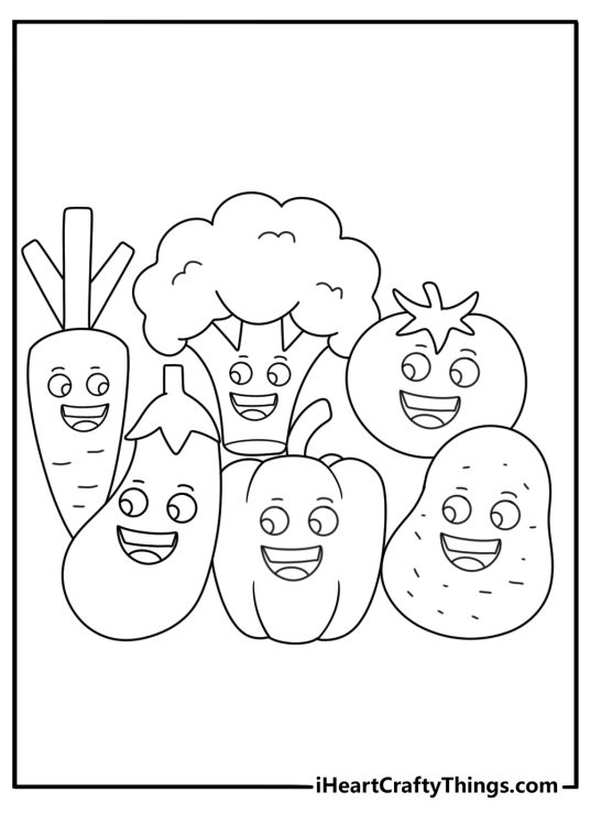 Coloring picture for kids featuring a bunch of cartoony vegetables with smiling faces