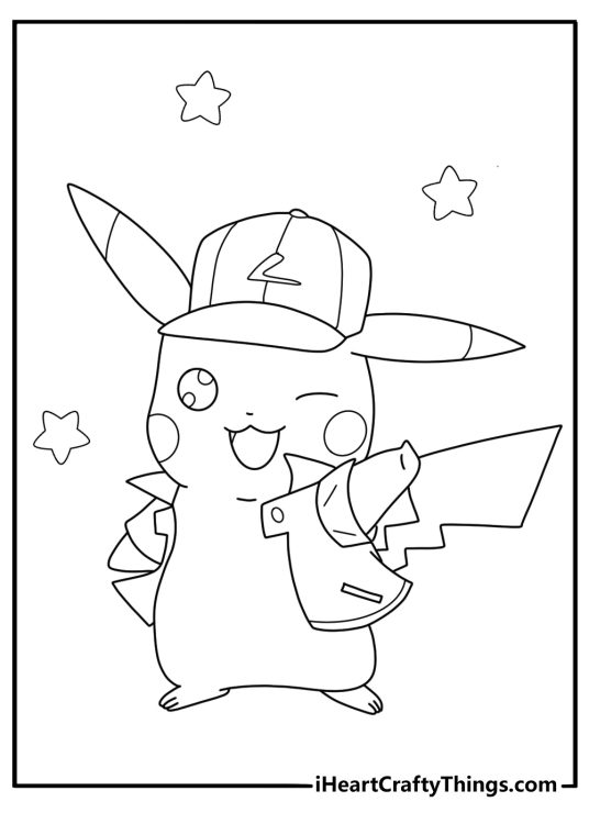 Coloring picture of a Pikachu chuckling while raising one paw and squinting one eye