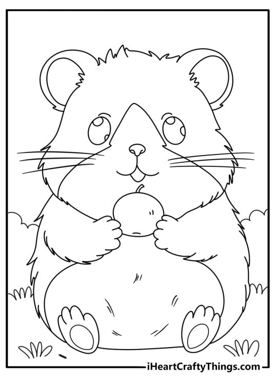 Coloring picture of a blushing and smiling hamster with some fruits and greenery behind him