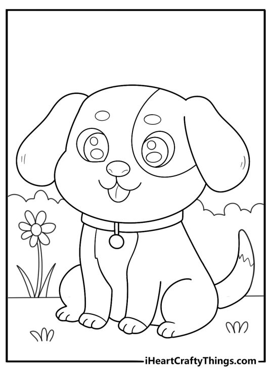 Coloring poster depicting a close up portrayal of a cute puppy with a patch on his left eye