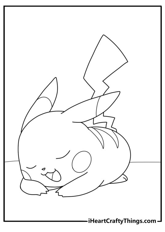 Coloring poster for kids depicting Pikachu looking very tired as he is laying down to rest