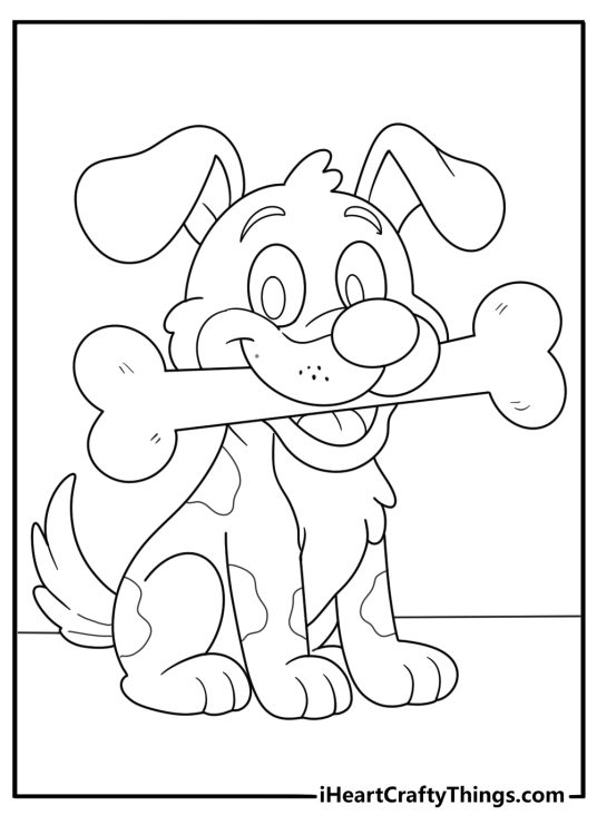 Coloring poster for kids depicting cute puppy sitting with a huge bone in its mouth