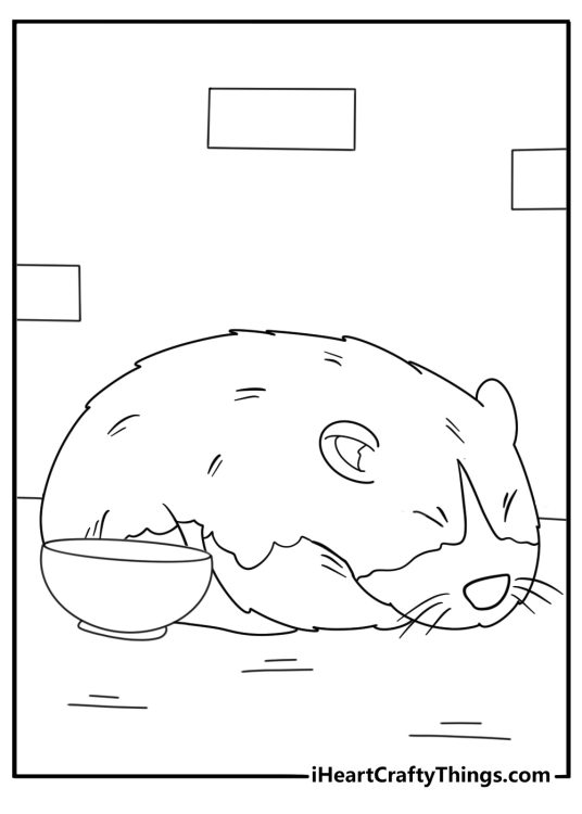 Coloring printable featuring little hamster sleeping with his ball and food bowl next to him