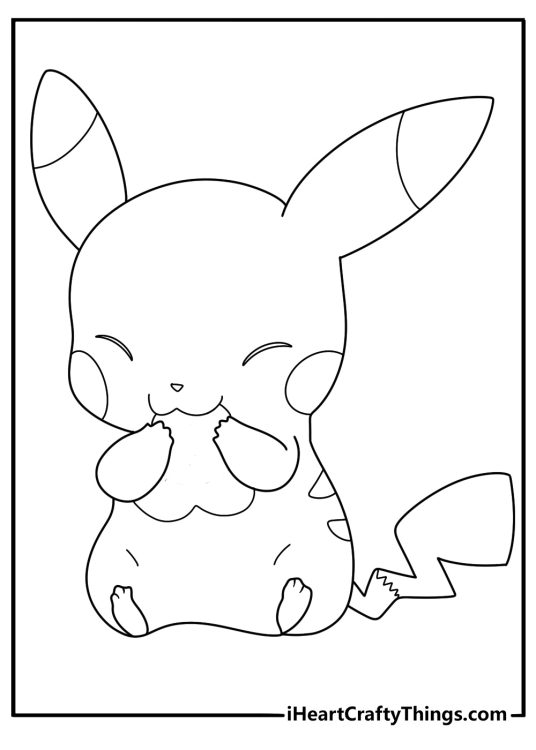 Coloring printable for kids showing Pikachu chewing on a large heart shaped object