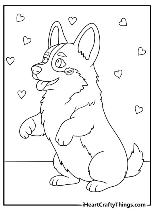 Coloring printable for kids showing a Corgi who received a big kiss on the cheek