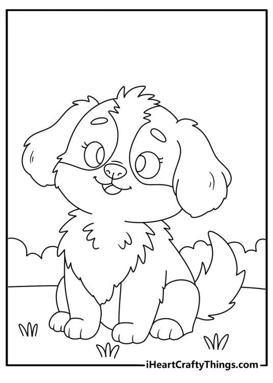 Coloring printable picture for children presenting fluffy and furry little puppy