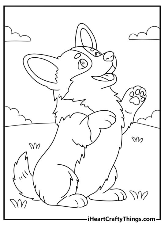 Coloring sheet featuring cute Corgi from behind sitting down on the grass and looking very curious