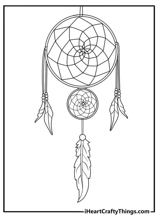 Coloring sheet presenting a mystical dream catcher made of two circles and decorated with large feathers