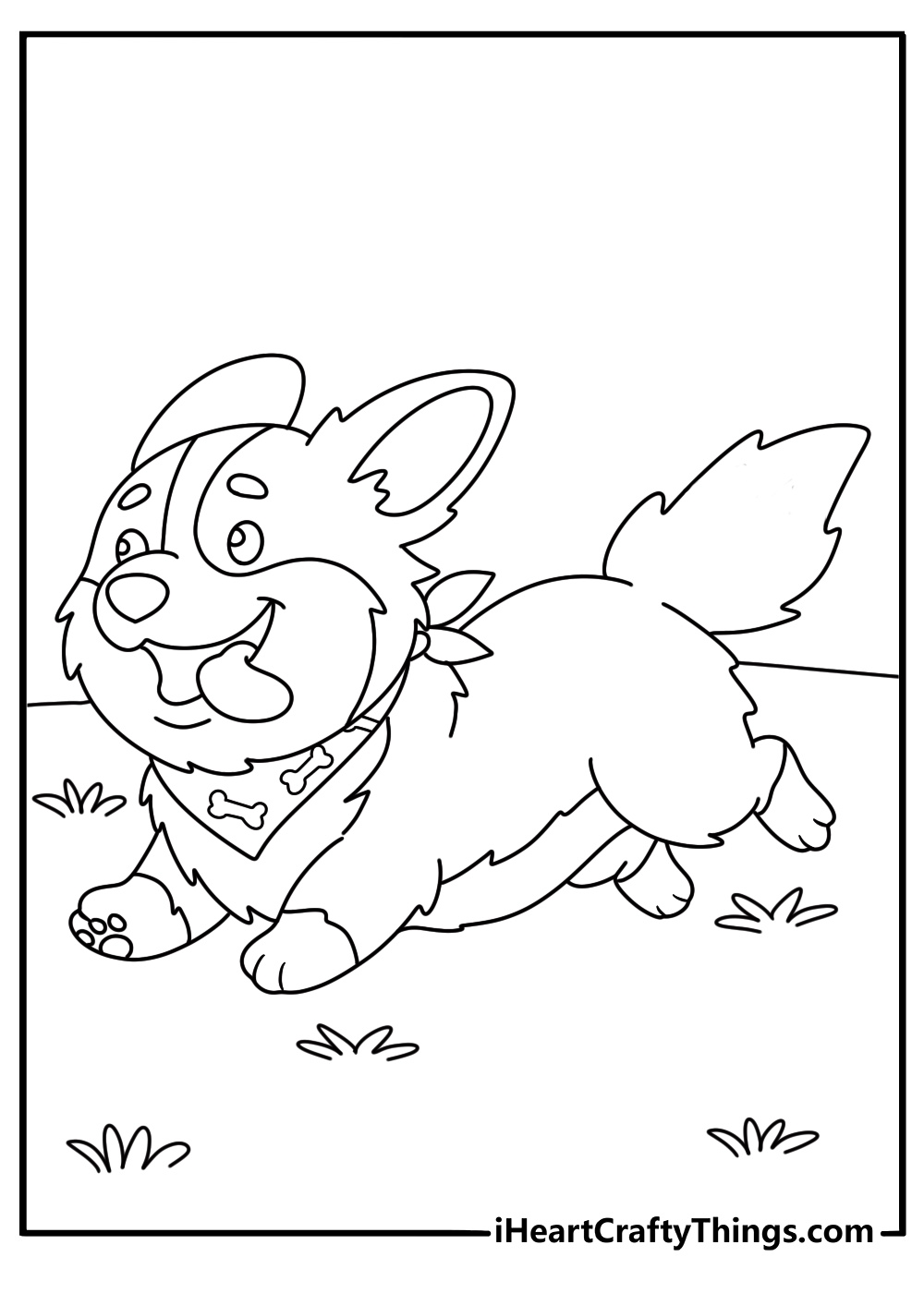 Coloring sheet to print of a Corgi heading somewhere at full speed with a tongue sticking out