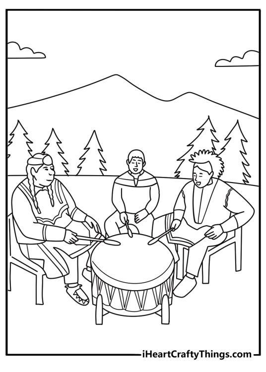 Community drum circle at a powwow coloring sheetfor kids