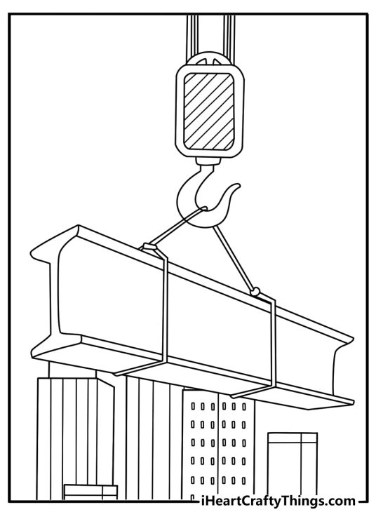 Construction crane lifting steel beam over city site detailed coloring page for adults