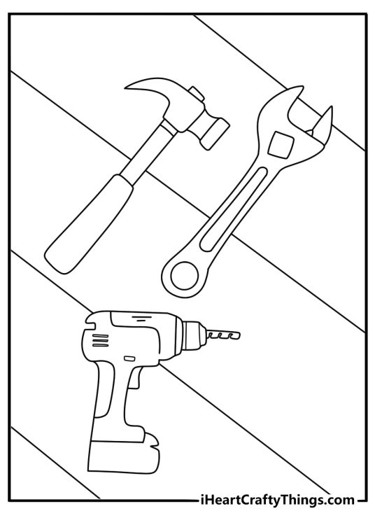 Construction tools coloring pages with hammer wrench and drill on table