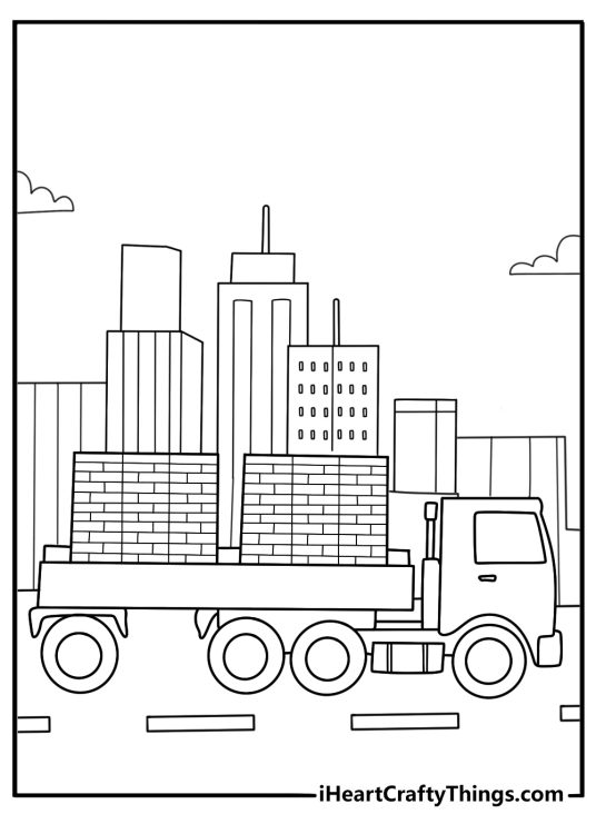 Construction truck coloring page with flatbed carrying bricks