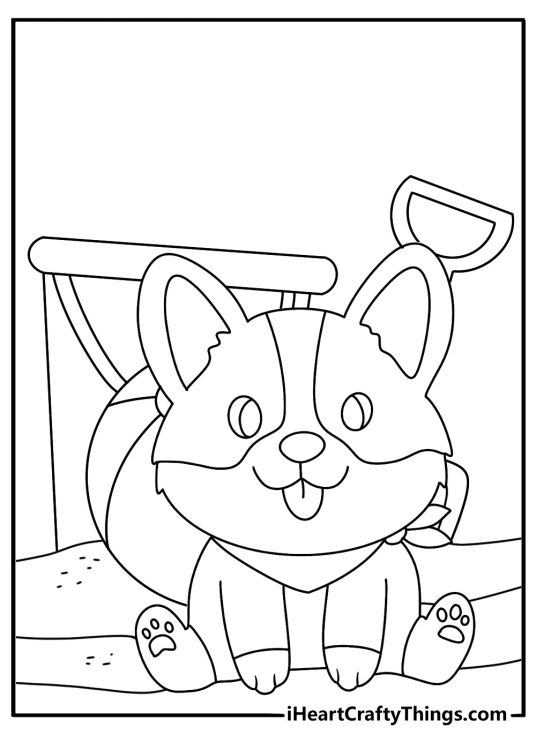 Corgi coloring pages scene with a corgi at a beach beside a sand bucket