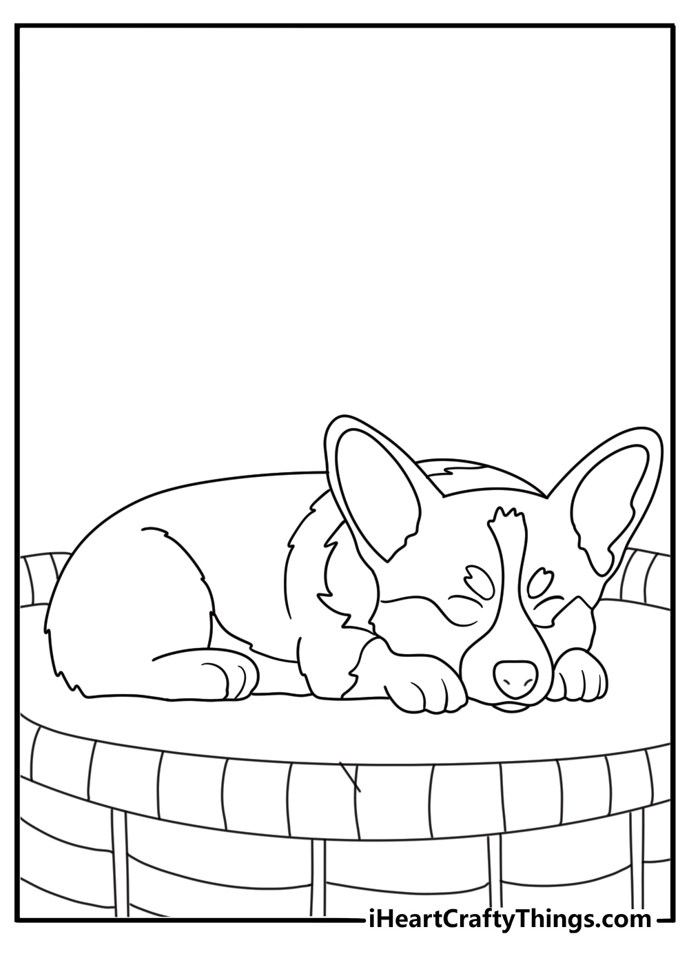Corgi coloring sheet with a corgi sleeping in a dog bed